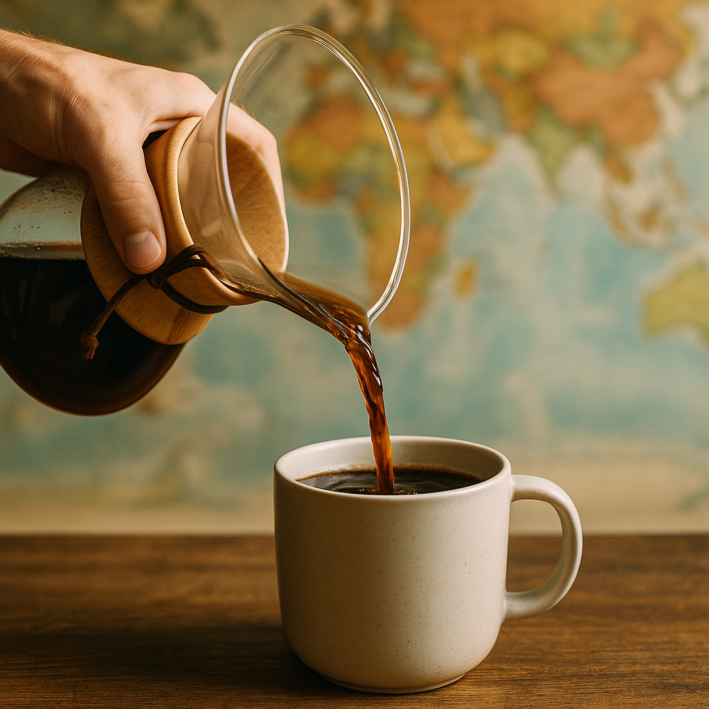 Artistic close-up of hand pouring freshly brewed coffee from a pour-over with world map blurred in background. Alt: Coffees of the world subscription fresh brewed coffee experience around the world.