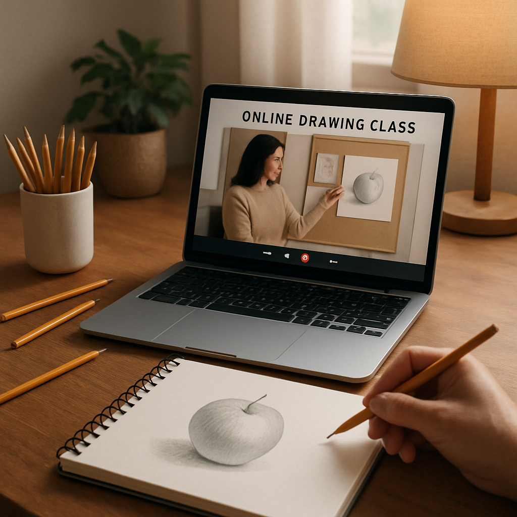 A cozy home workspace with a sketchbook, pencils, and a laptop displaying an online drawing class interface. Alt: Adult learning to draw at home through online drawing classes for adults, illustrating flexibility and creative engagement.