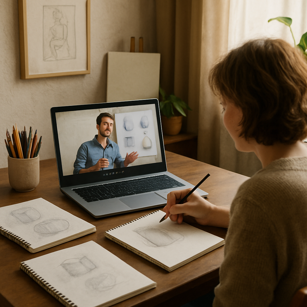 A cozy home art studio setup with an adult engaged in an online drawing class on a laptop, surrounded by sketchbooks and pencils. Alt: Adult learning drawing online in a comfortable home setting, illustrating different types of drawing classes online for adults.