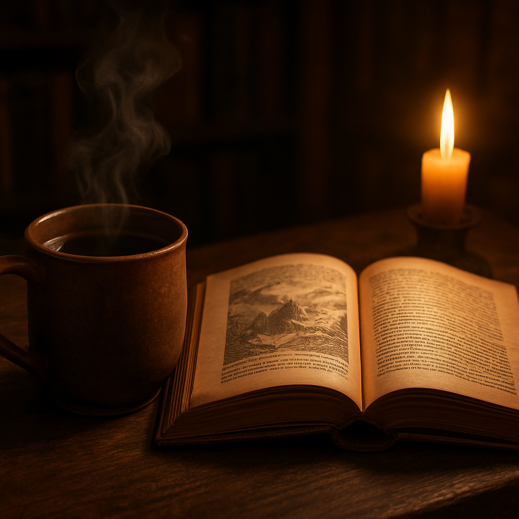 A cozy reading nook with a steaming mug of fantasy coffee beside an open leather‑bound fantasy novel, candlelight flickering on the page. Alt: fantasy coffee brewing ritual with Frostveil beans, immersive reading atmosphere.