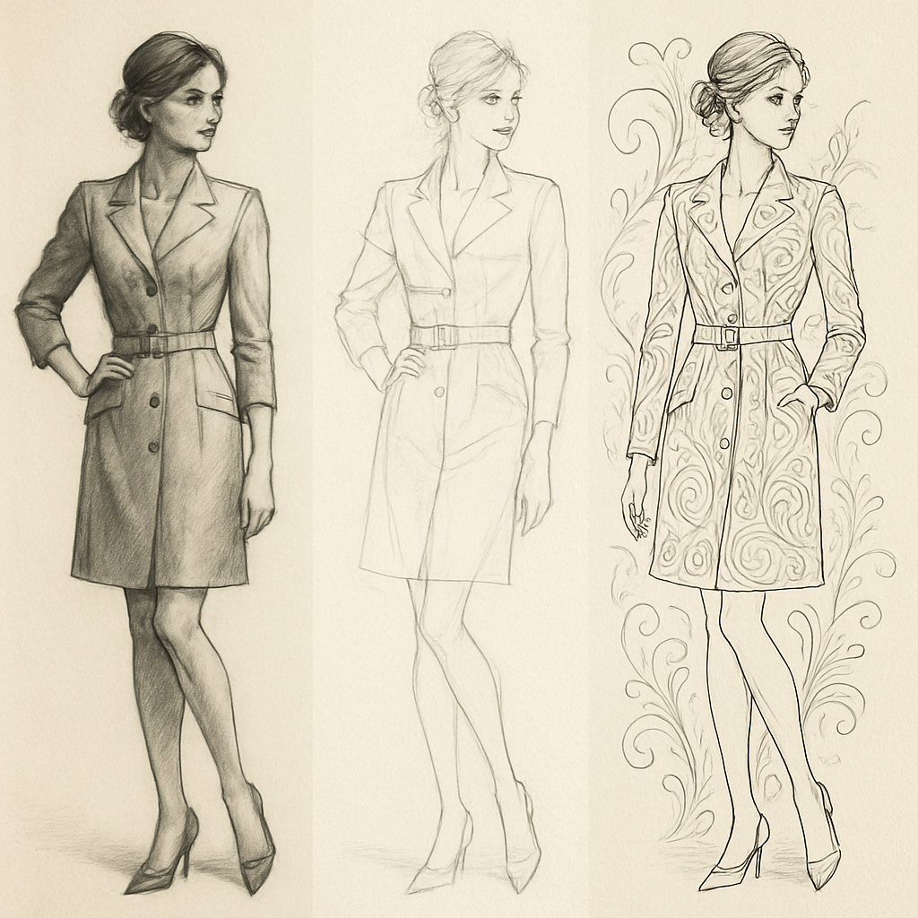 A detailed illustration of a fashion figure showcasing various illustration techniques including realism, quick sketch, and decorative style. Alt: Fashion illustration examples displaying basic techniques and varied artistic styles.