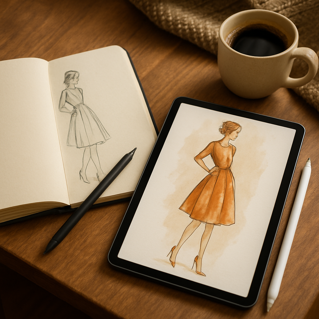 A cozy creative workspace with a sketchbook, stylus, tablet displaying a fashion illustration, and a cup of coffee. Alt: Fashion illustration workspace featuring digital and traditional tools in use.