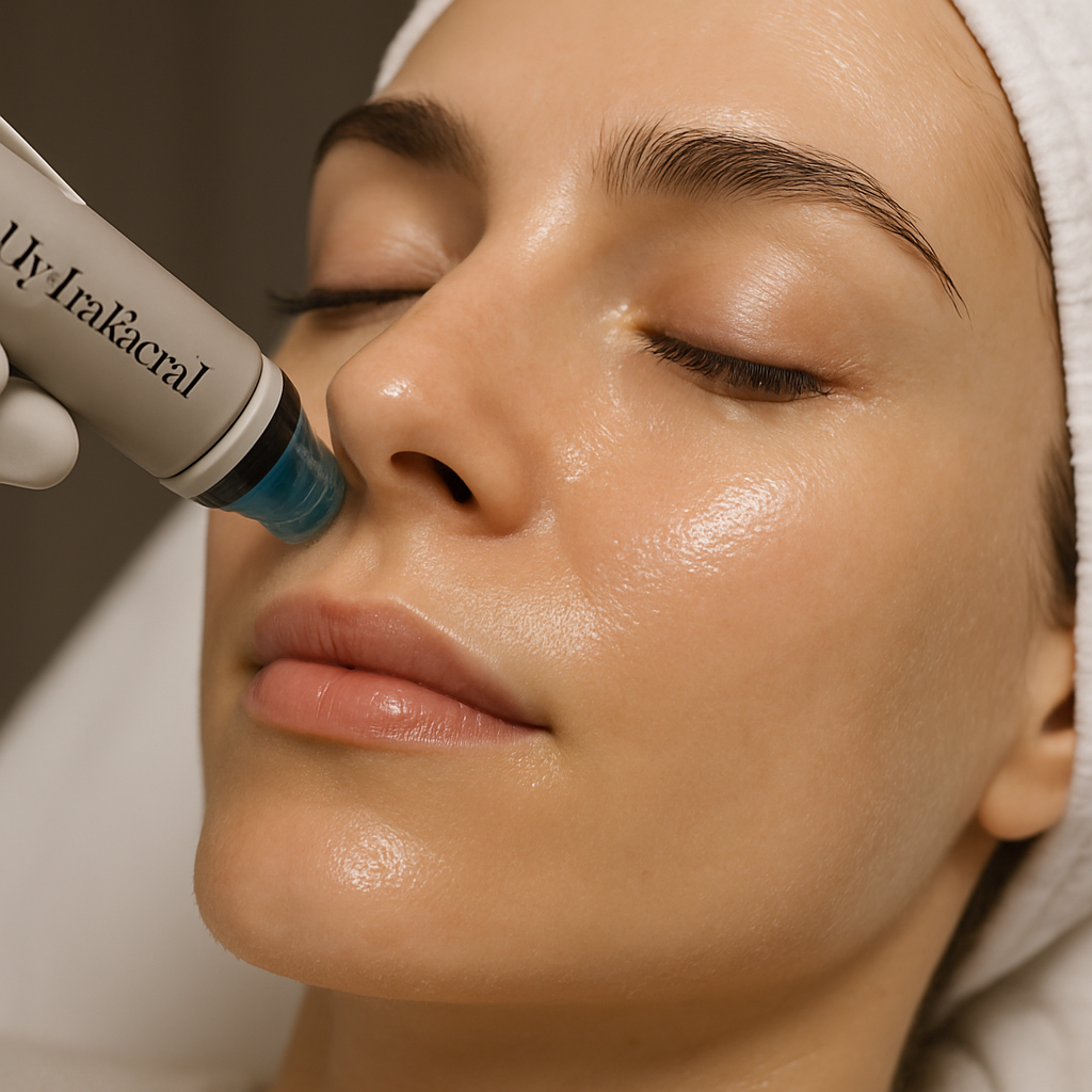 A close-up of a Hydrafacial device gently exfoliating and infusing serum on a woman's glowing face. Alt: Woman receiving Hydrafacial treatment showing skin exfoliation and serum infusion process for youthful skin.