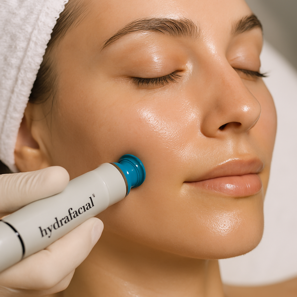 A close-up of a person receiving a Hydrafacial treatment, showing the gentle exfoliating device against smooth, glowing skin. Alt: Hydrafacial treatment illustrating its gentle exfoliation and nourishing serum infusion for radiant skin.