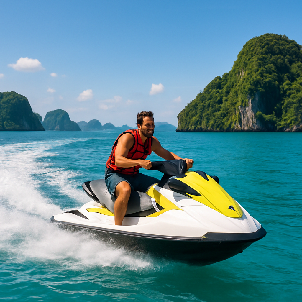 A vibrant scene showing a rider on a jet ski speeding over Phuket’s turquoise waters near lush green islands. Alt: Jet ski rental Phuket with clear blue sea background.