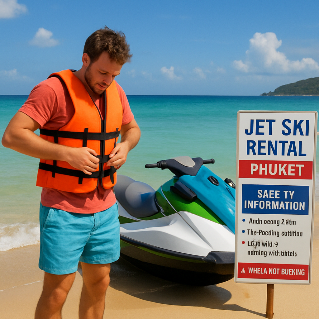 A vibrant scene of a tourist putting on a life jacket next to a rental jet ski on a sunny Phuket beach, with clear blue waters and a safety information sign visible. Alt: Jet ski Phuket rental with safety gear and legal notices.