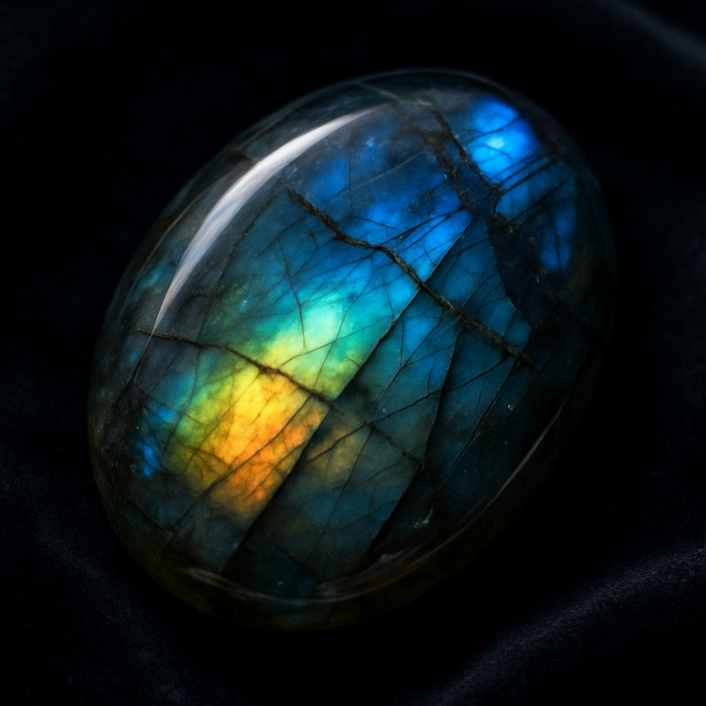A close‑up of a polished labradorite cabochon catching the iridescent “aurora” glow, set against a dark velvet background. Alt: labradorite metaphysical properties shimmering stone illustration.
