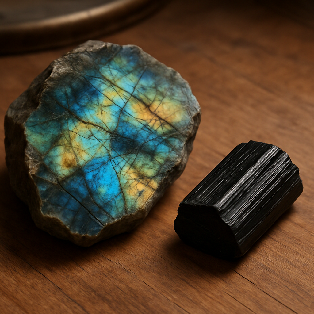 A close‑up of a raw labradorite slab beside a black tourmaline chip on a wooden jewellery‑making table, soft studio lighting highlighting the stones’ colours. Alt: labradorite vs other protective crystals for jewellery makers
