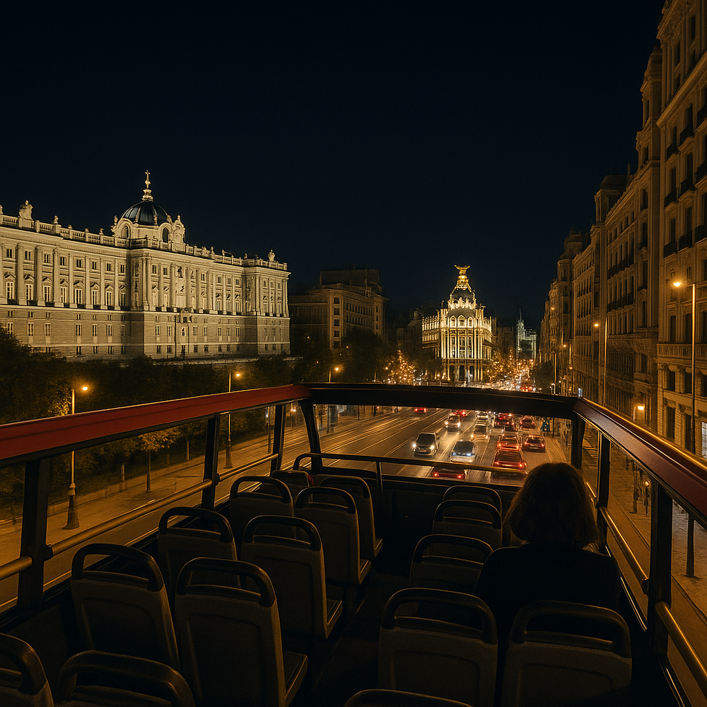 Night view of Madrid from the top deck of a double-decker city bus, showing illuminated historic landmarks. Alt: Madrid night city bus tour panoramic view of illuminated Royal Palace and Gran Vía.