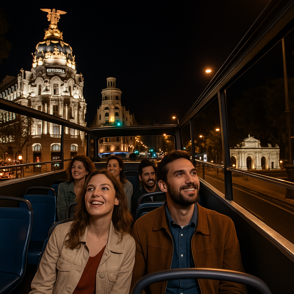 Group enjoying panoramic views on a modern double-decker night city bus tour in Madrid. Alt: Group experiencing Madrid night city bus tour with illuminated landmarks.