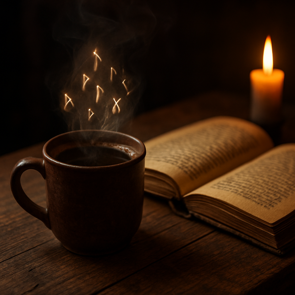 A steaming mug of dark roast coffee perched on a weathered wooden table beside an open ancient‑style book, candlelight flickering, with runic symbols faintly glowing in the steam. Alt: mythic coffee lore immersive reading ritual.