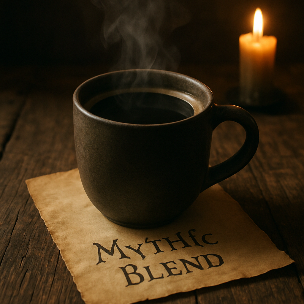 A steaming mug of dark coffee perched on a weathered wooden table, parchment with handwritten blend name tucked underneath. Alt: mythic coffee brewing ritual with parchment and candlelight
