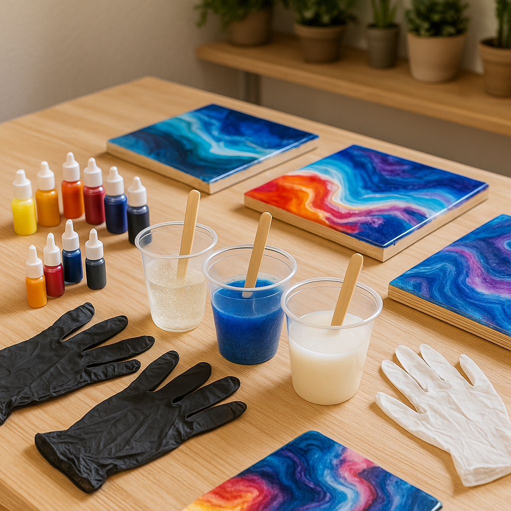An inviting workspace set up for resin art projects showing resin mixing cups, color pigments, gloves, and artistic resin pours drying. Alt: Online resin art workshop beginners learning with community feedback creating colorful epoxy resin art projects.
