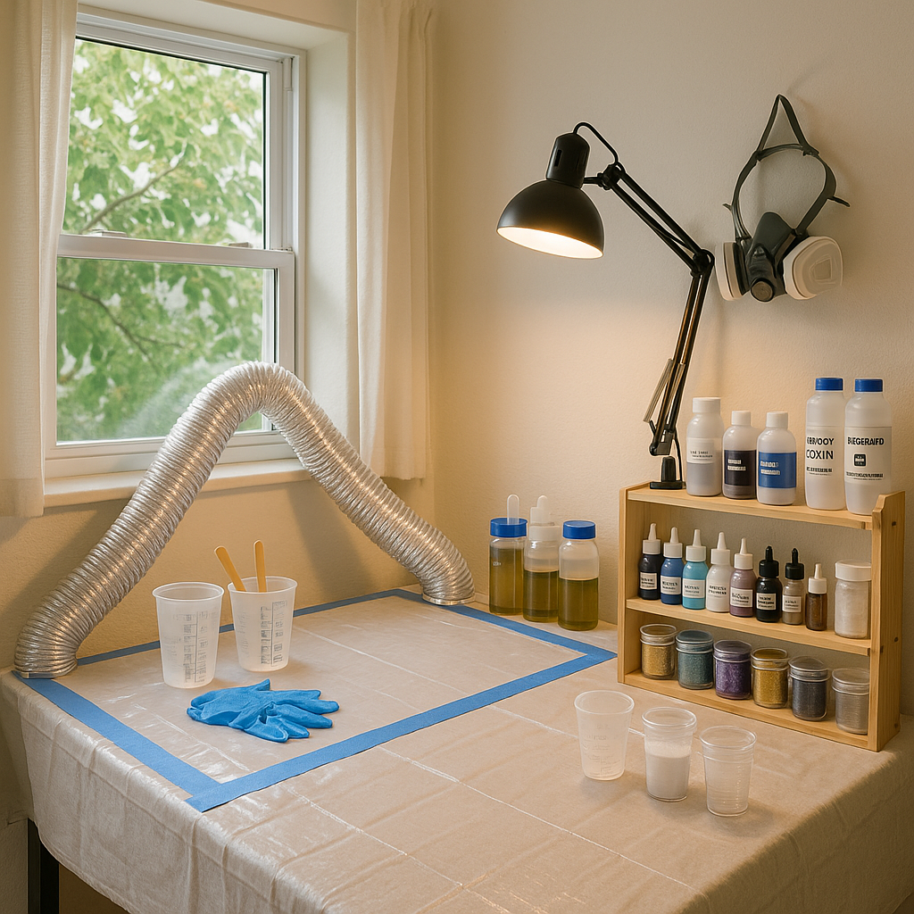 A beautifully organized home resin art workspace featuring protective coverings, ventilation setup with an open window, neatly arranged resin supplies, and adequate lighting. Alt: Resin art workspace at home with organized tools and safety equipment.