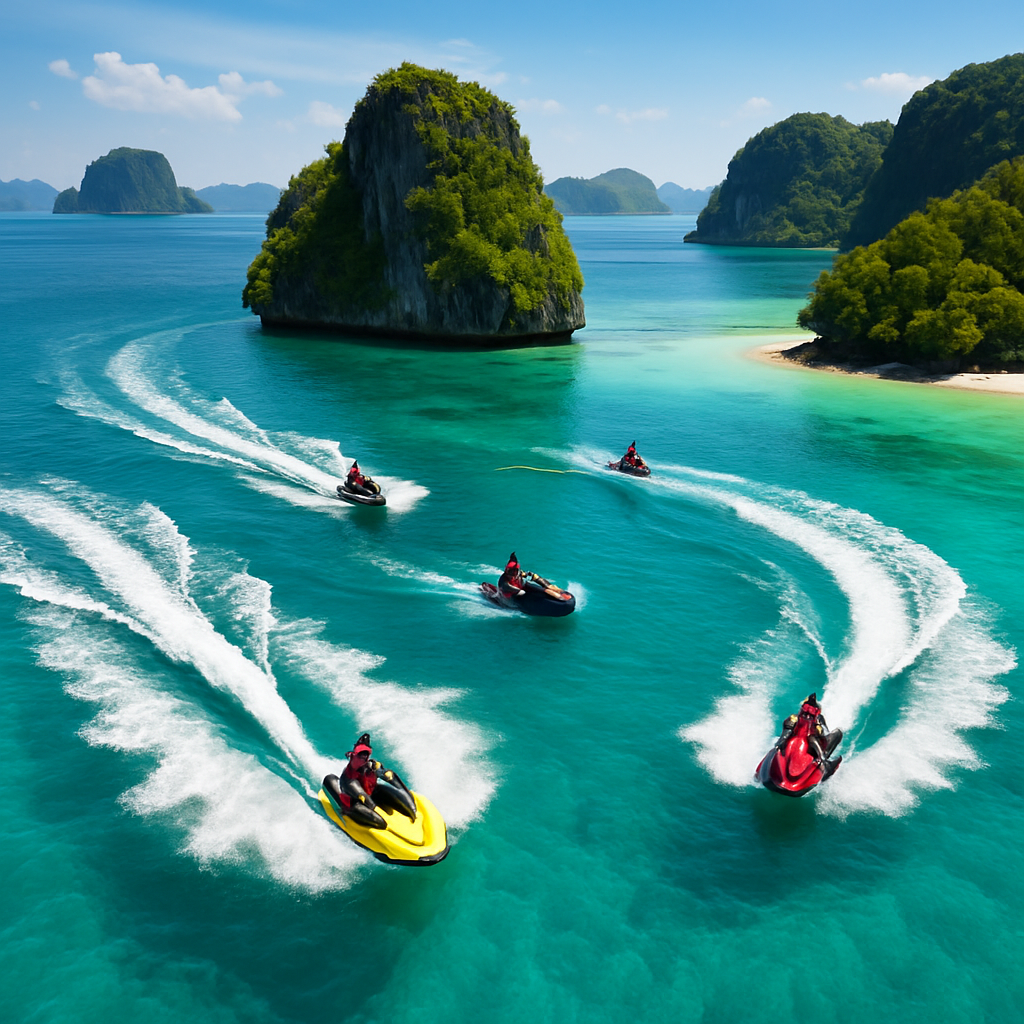 A vibrant aerial shot capturing multiple jet skis weaving through crystal-clear turquoise waters around the lush islands of Phuket. Alt: Scenic Phuket jet ski tours showcasing top island locations and clear seas.