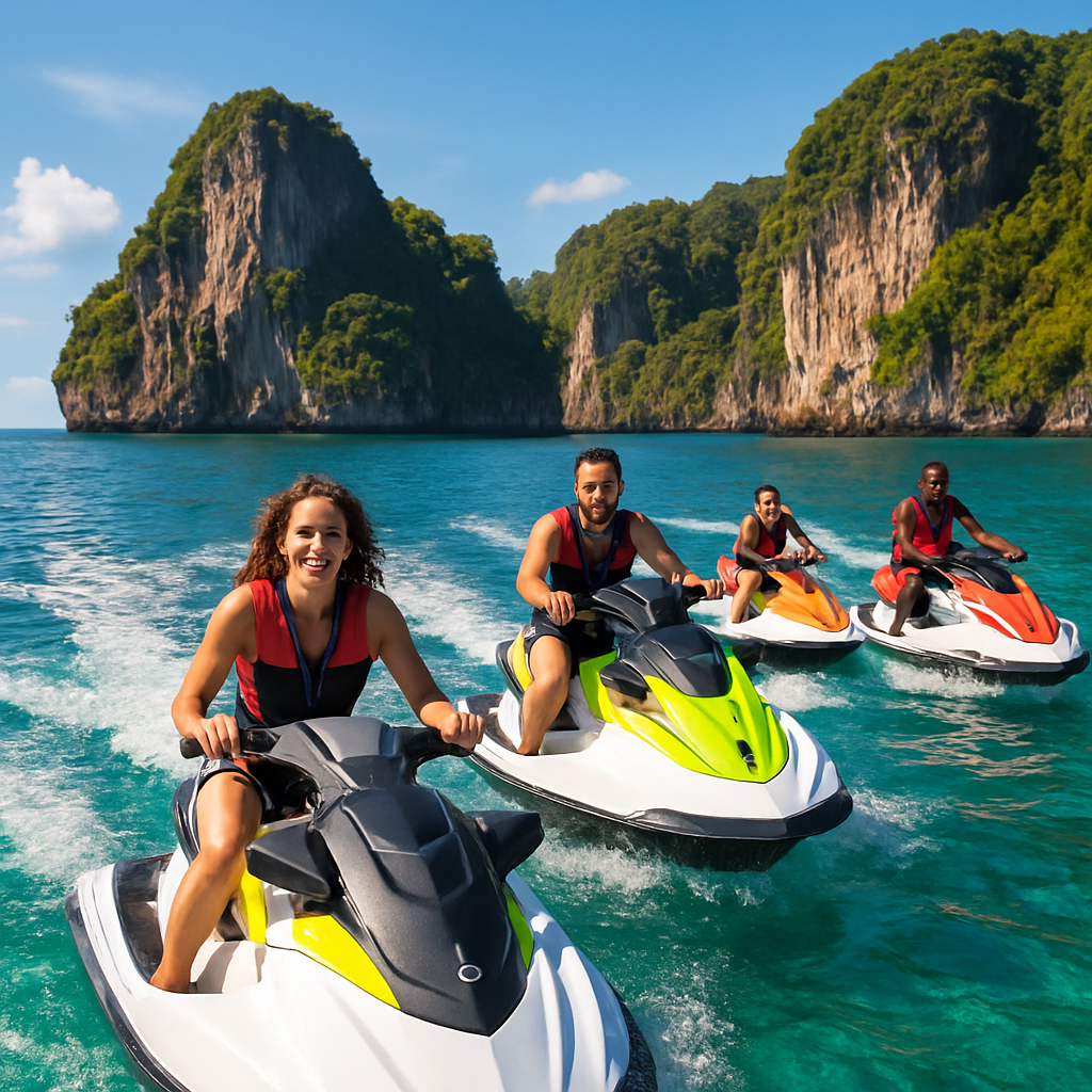 A sunlit scene showing a group of happy people riding jet skis over turquoise water near Phuket’s rocky coastline. Alt: Phuket jet ski tours with group riding over clear blue ocean near island cliffs.