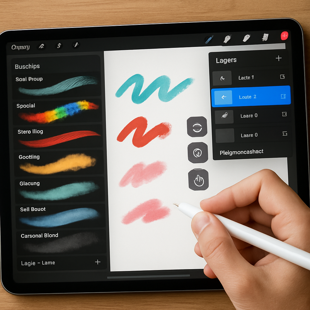 A digital artist’s hand holding an Apple Pencil over an iPad’s Procreate interface, showing colorful brushes, layers panel, and gesture icons. Alt: Beginner artist exploring Procreate basics with brushes and layers.