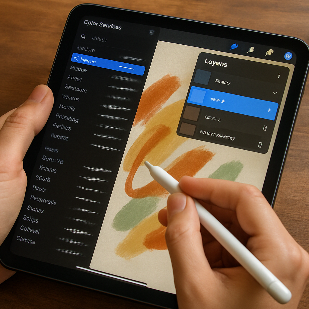 A close-up of a beginner artist’s hand using an iPad with Procreate open, showing brush selection and layers panel. Alt: Beginner digital artist working on Procreate app, focusing on core brushes and layers.