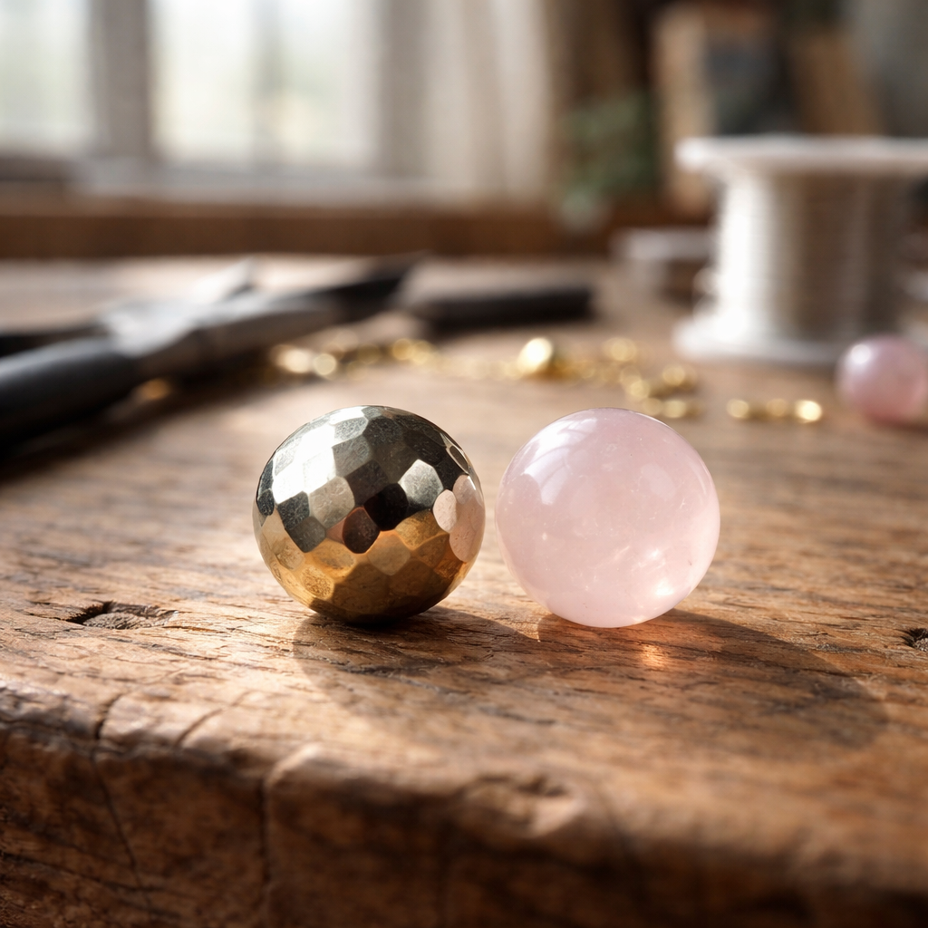A photorealistic close‑up of a polished pyrite bead beside a delicate rose quartz bead on a rustic wooden workbench, soft natural light from a UK studio window highlighting the metallic luster, evoking a calm, creative atmosphere for jewellery makers.