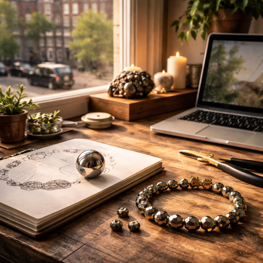 A photorealistic scene of a cosy London studio workspace, sunlight streaming onto a wooden workbench where a polished pyrite bead rests beside a sketchbook, a finished pyrite‑accented bracelet lies nearby, and a small pyrite crystal sits on a shelf behind a laptop, highlighting the stone’s metallic sheen and its integration into jewellery making and meditation. Alt: Pyrite metaphysical properties used in jewellery, meditation and home décor.