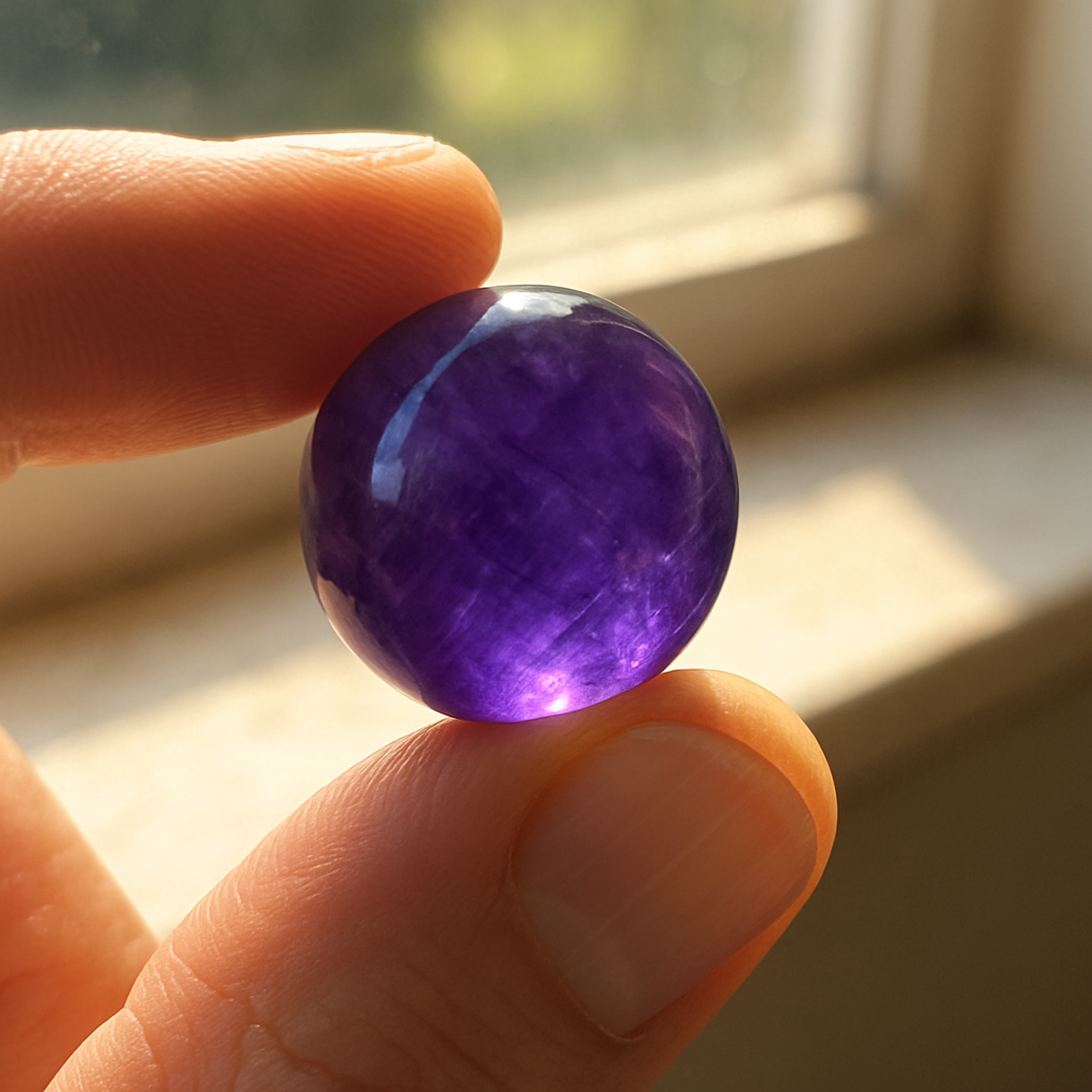 A close‑up of a hand holding a polished amethyst bead against a sunlit windowsill, highlighting the violet hue and texture. Alt: amethyst bead calming energy practical use