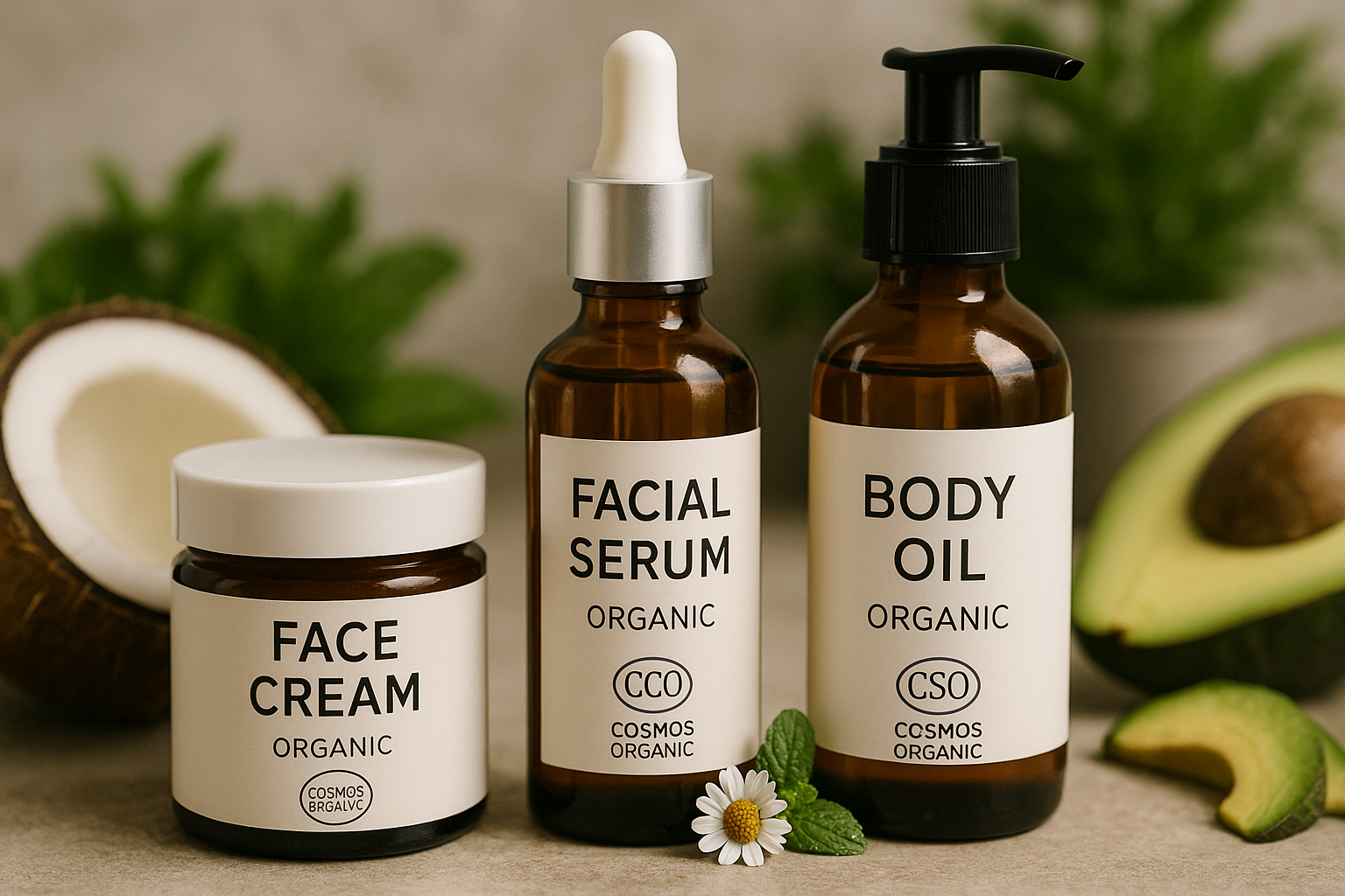 Close-up of COSMOS-certified organic skincare bottles with natural ingredients in the background. Alt: COSMOS certified organic skincare benefits on display with natural ingredient products.