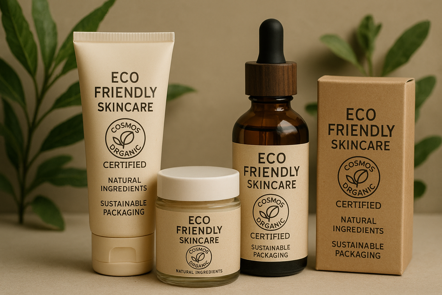 Collection of eco-friendly skincare packaging with COSMOS certification labels, emphasizing sustainability. Alt: COSMOS certified organic skincare packaging highlighting environmental benefits.
