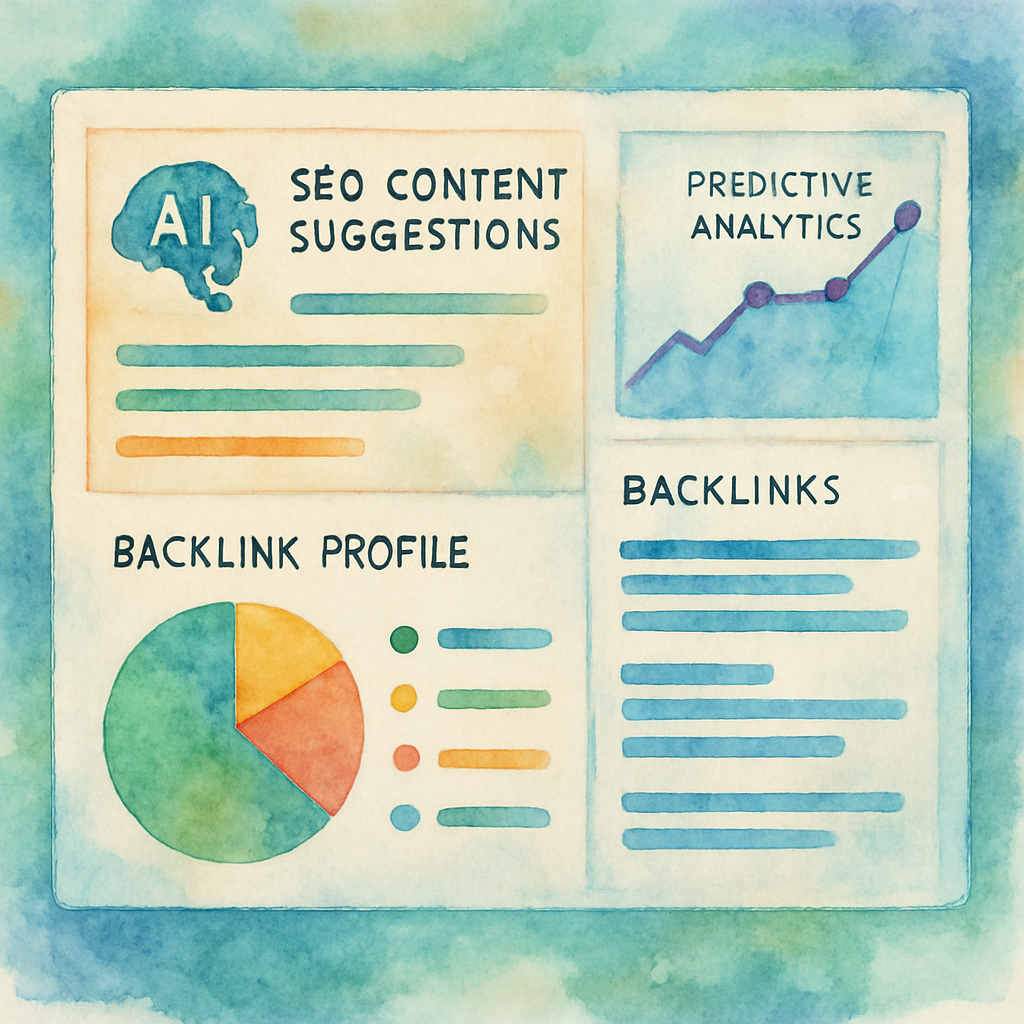 An AI-powered dashboard showing SEO content suggestions and backlink analytics, highlighting the interplay of technology and strategy in modern SEO. Alt: AI-driven SEO content and link building tool interface with predictive analytics and backlink profiles.