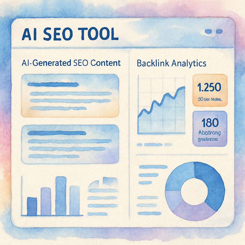 A sleek dashboard showing AI-generated SEO content with backlink analytics. Alt: Best AI SEO content and link building tool dashboard with content and backlink features visualization.