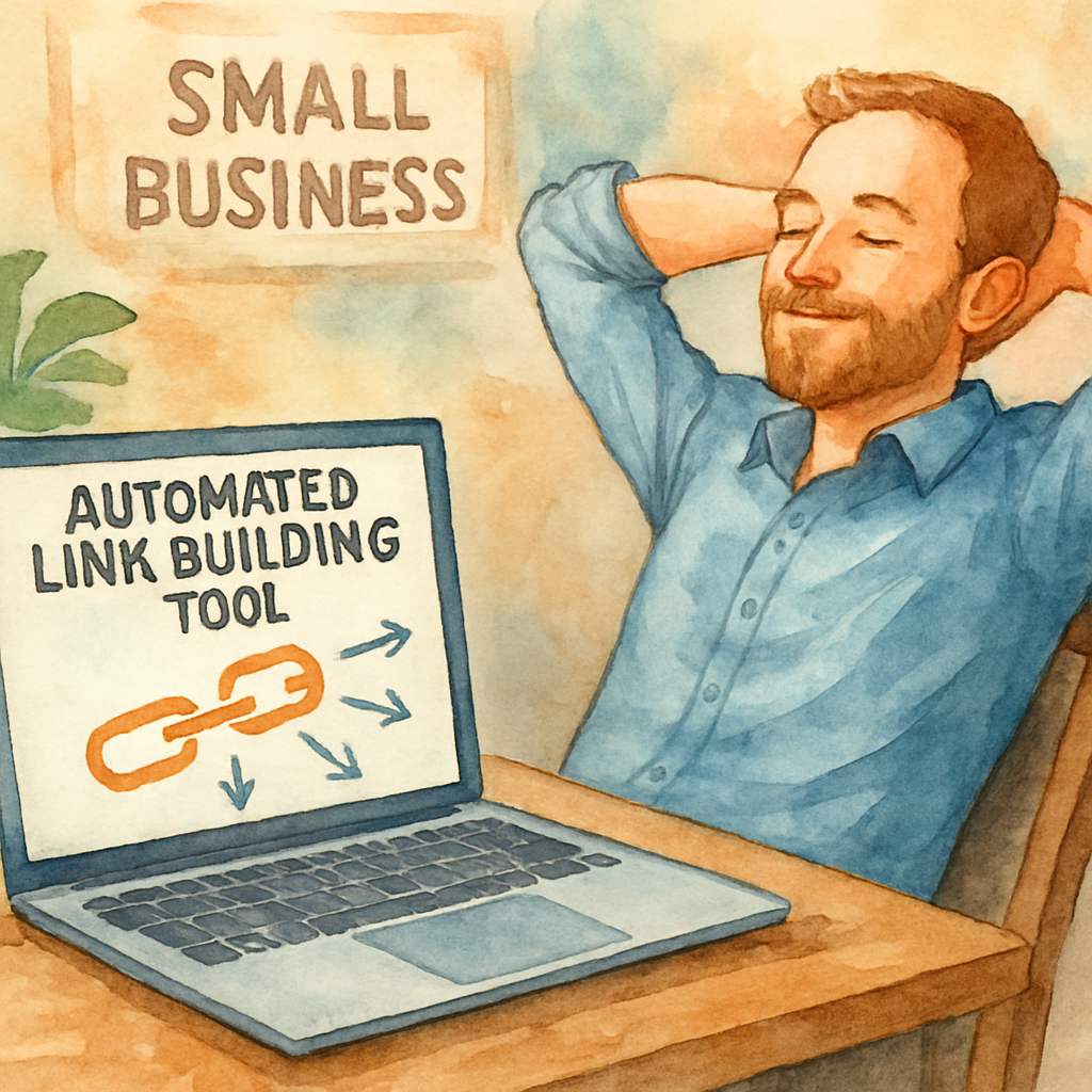 Small business owner relaxing while an automated link building tool generates backlinks on a laptop. Alt: automated link building tool for small businesses driving organic growth
