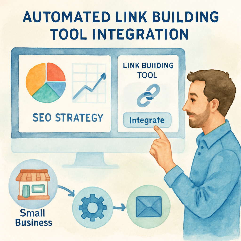 Illustration of a small business owner integrating an automated link building tool into their SEO strategy with charts and workflow icons. Alt: Screenshot-style graphic showing automated link building tool integration steps for small businesses.