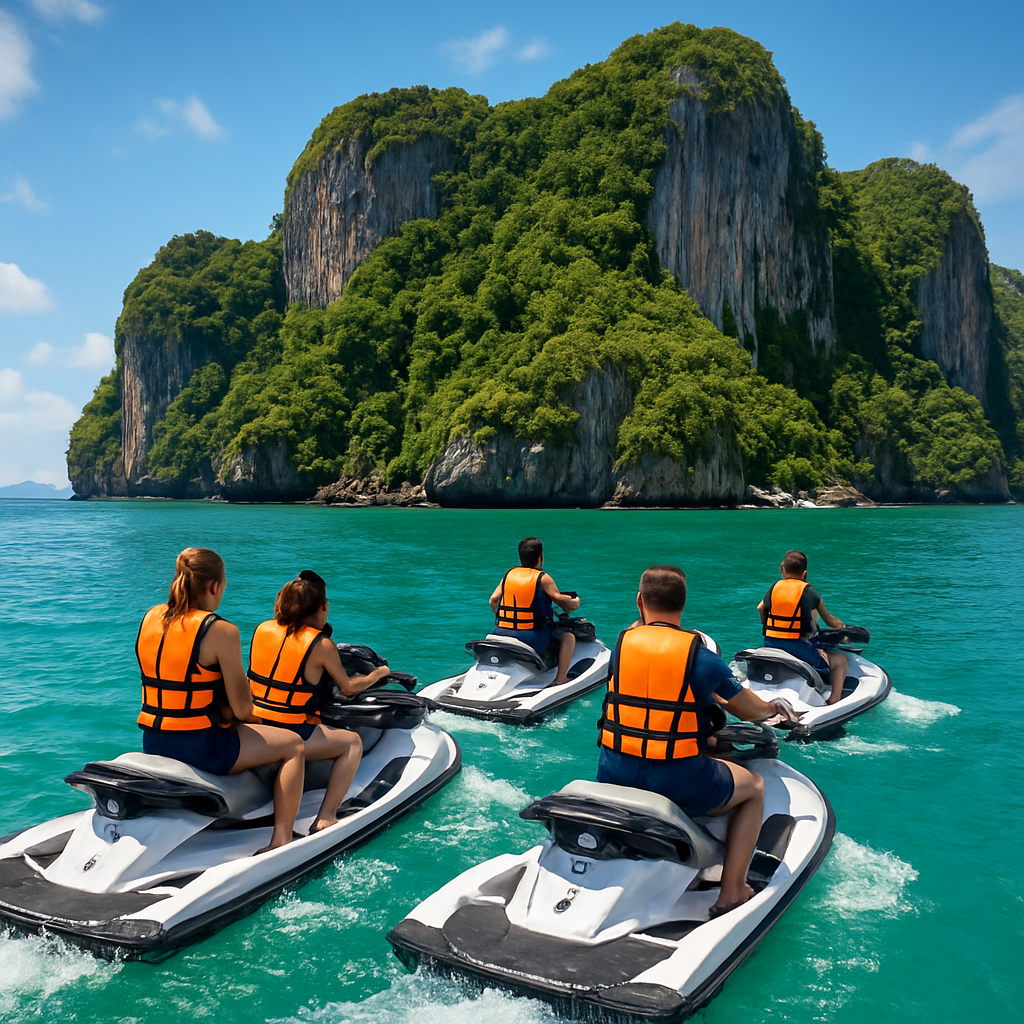 A vibrant scene of tourists wearing life jackets, riding jet skis towards Monkey Island under clear skies in Phuket. Alt: Tourists enjoying a monkey island jet ski tour in Phuket with bright turquoise water and lush green island background.