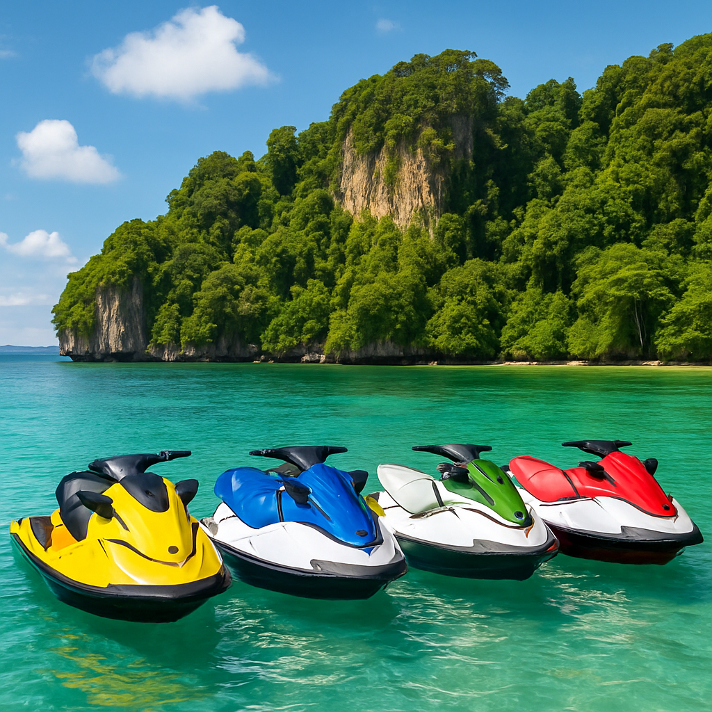 Jet skis lined up on the turquoise waters near Monkey Island in Phuket, with vibrant tropical greenery in the background. Alt: Enjoying Monkey Island jet ski tour Phuket on crystal-clear waters.