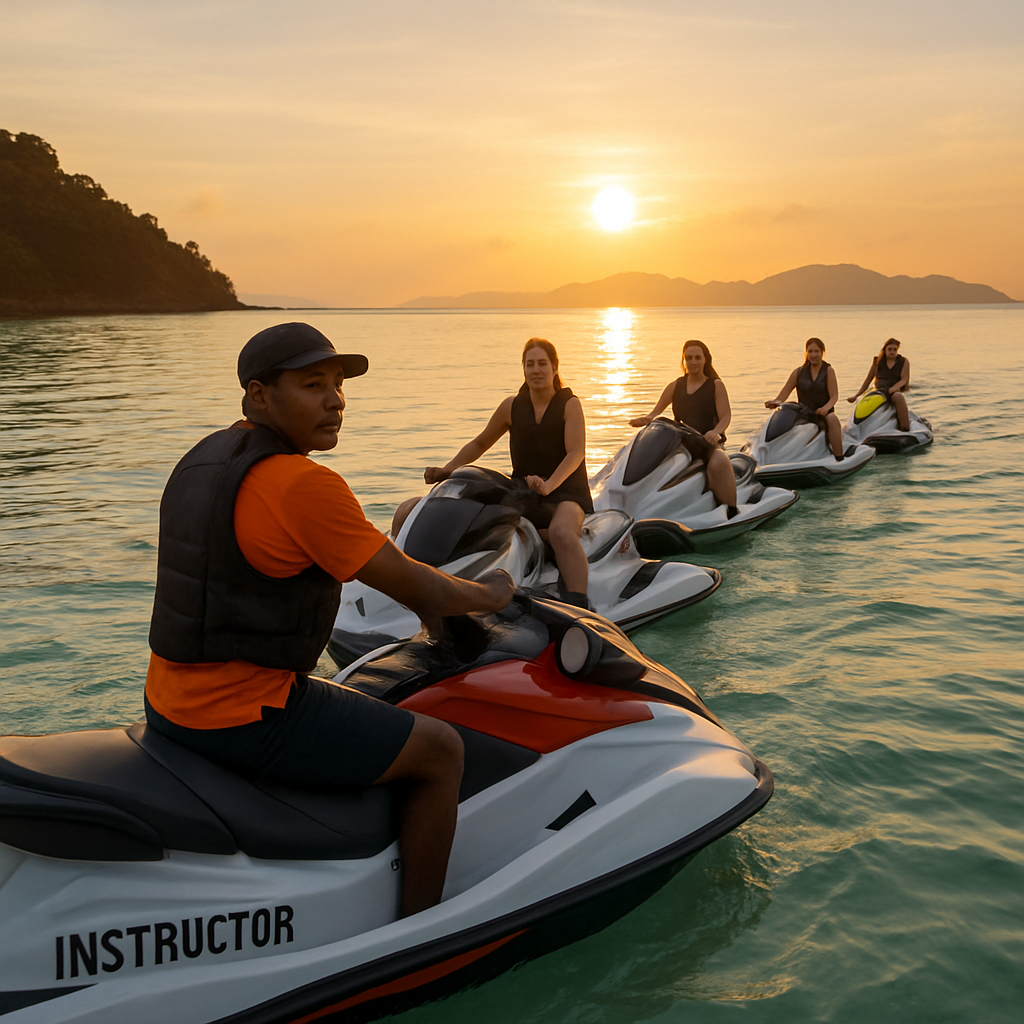 Morning jet ski tour operator guiding a small group on clear Phuket waters at sunrise. Alt: Morning jet ski tour Phuket with certified guides and well-maintained equipment.