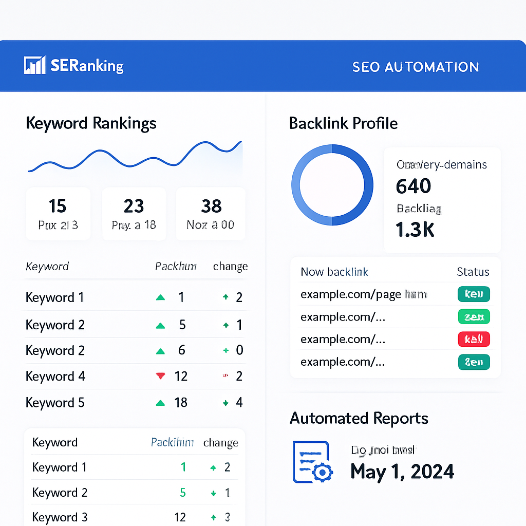 A dashboard screenshot showing SEO performance data with keyword rankings, backlink profile, and automated report generation. Alt: SE Ranking SEO automation dashboard displaying keyword tracking and backlink monitoring.