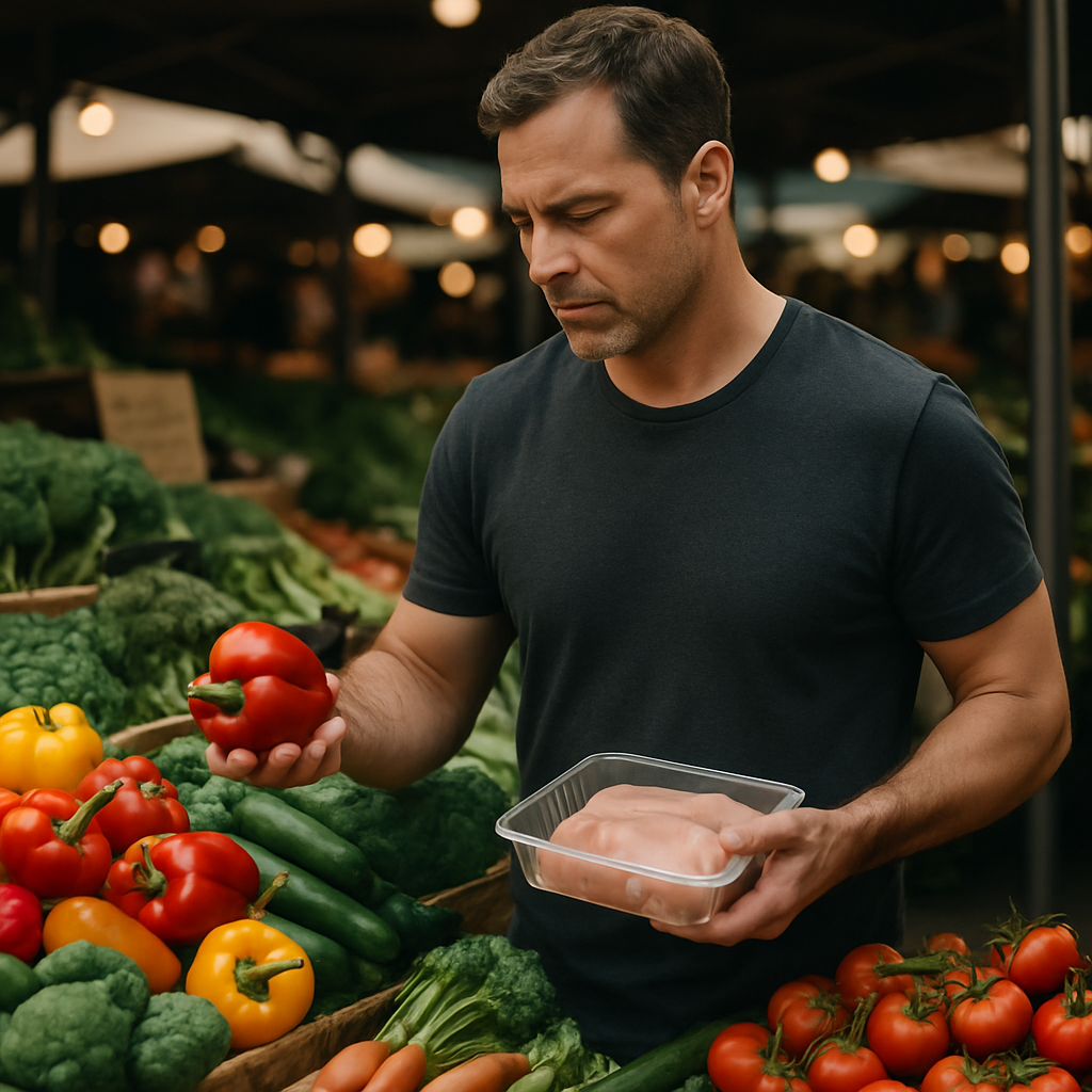 A middle-aged man selecting colorful fresh vegetables and lean protein at a farmer’s market. Alt: Nutritional needs of men over 40 focusing on fresh, nutrient-dense foods.