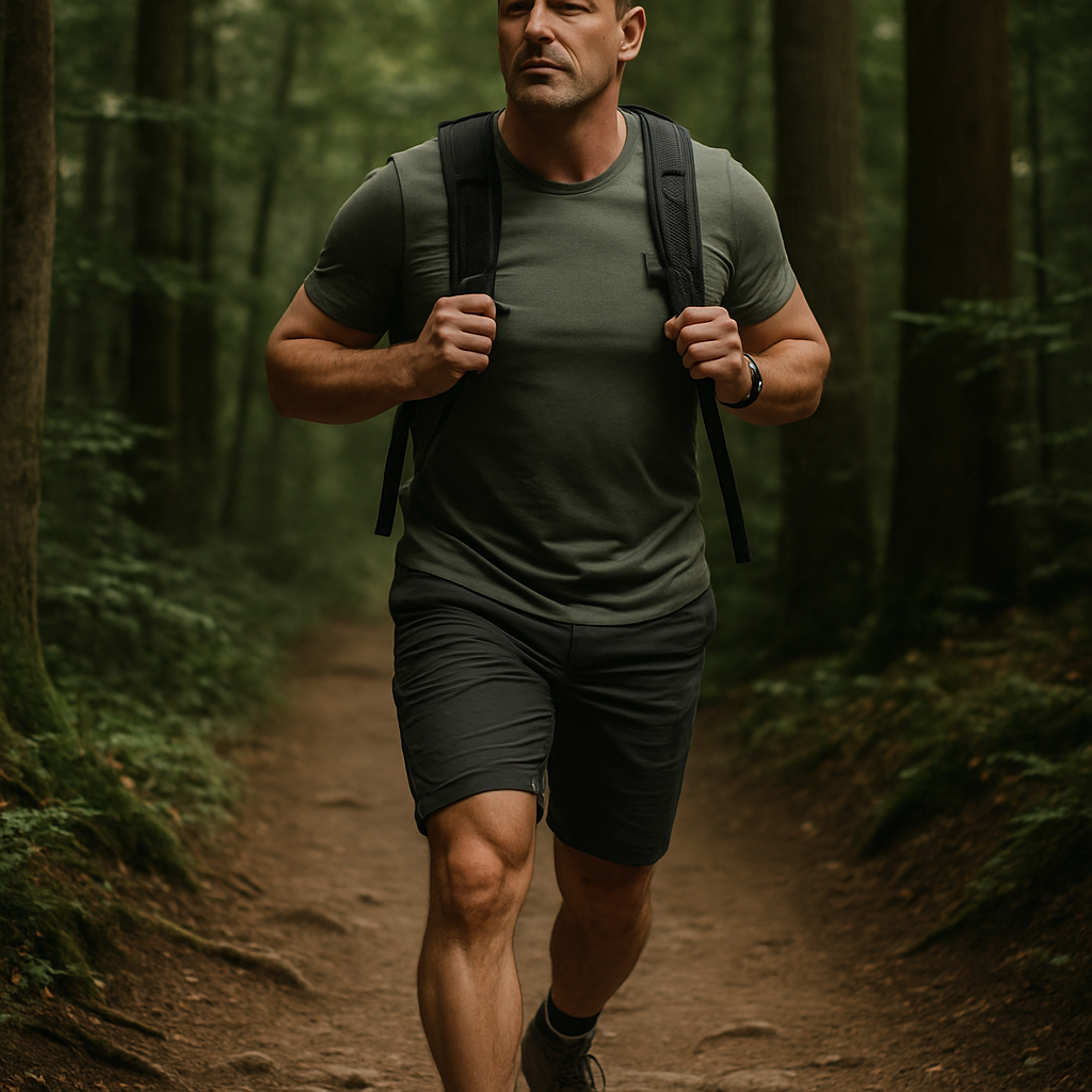 A middle-aged man hiking confidently on a forest trail, representing mobility and joint health after 40. Alt: Joint health and mobility support supplements for men over 40.