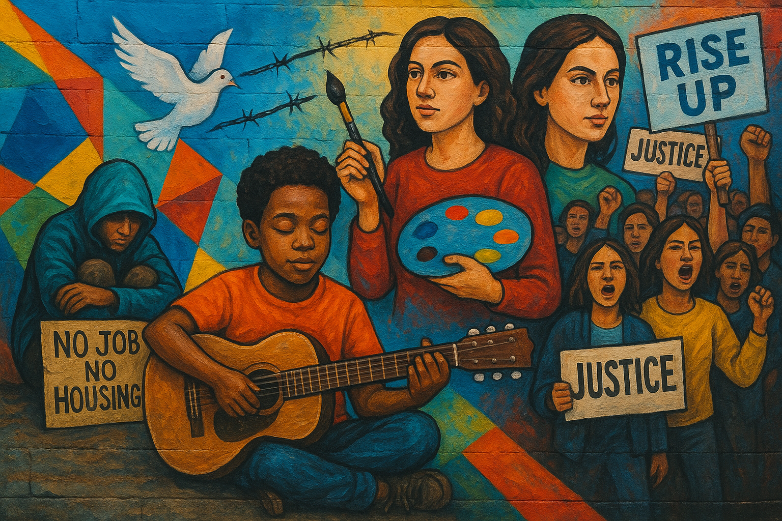 A vibrant street mural depicting social issues. Alt: Colorful street art addressing creative expression.