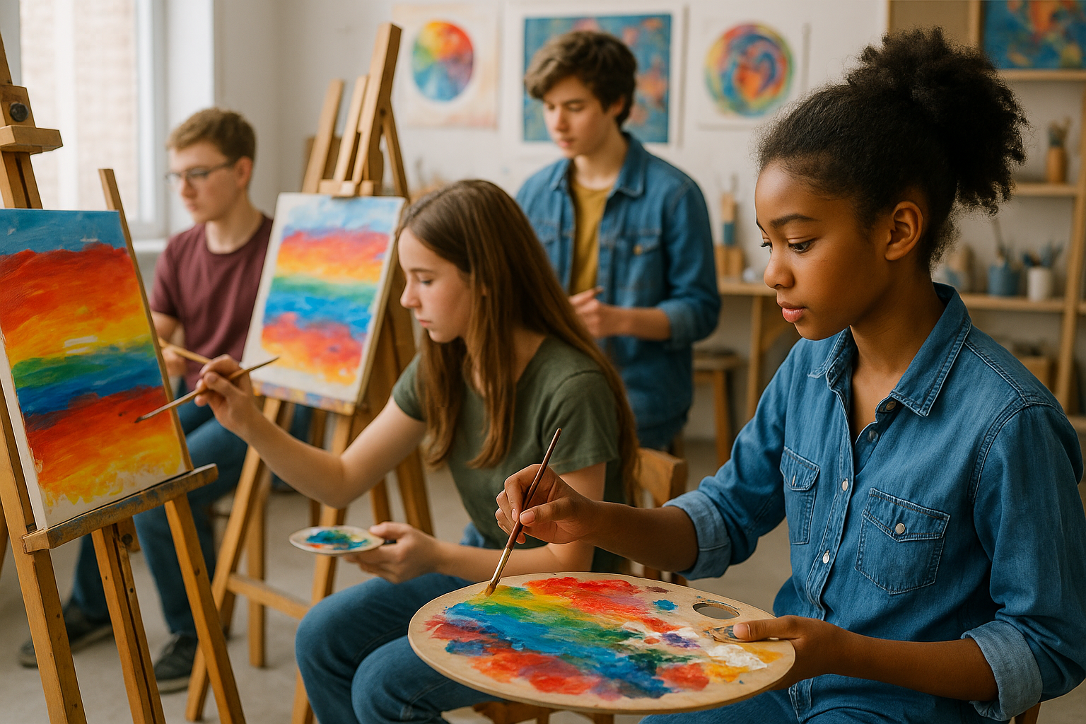 Students engaging in an art class, creating vibrant paintings. Alt: Students developing creativity through art education.