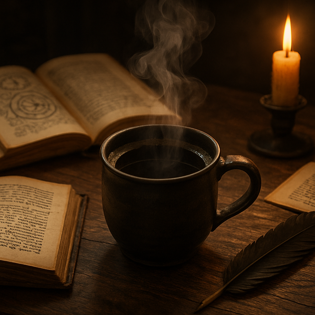 A steaming mug of wizard coffee placed on an ancient wooden table, surrounded by open fantasy books, candlelight, and a quill. Alt: wizard coffee brewing ritual with fantasy lore ambiance