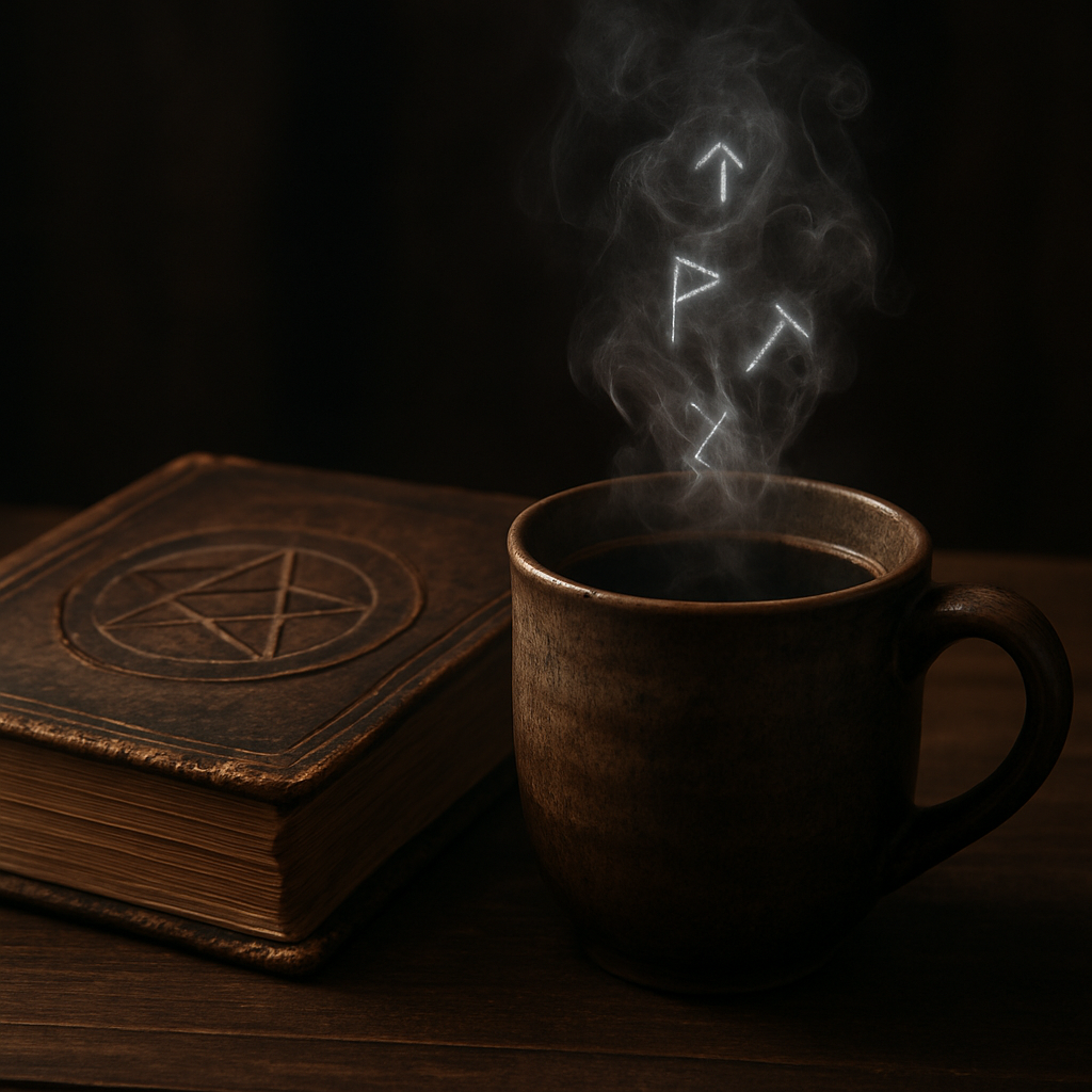 A steaming mug of wizard coffee beside an ancient grimoire, with frosted rune symbols swirling in the steam. Alt: wizard coffee comparison guide