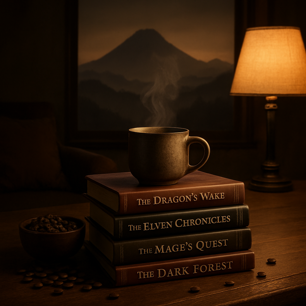 A cozy reading corner with a steaming mug of artisan coffee, a stack of fantasy novels, and a subtle backdrop of volcanic mountain silhouettes. Alt: Artisan coffee beans origins cozy reading nook.