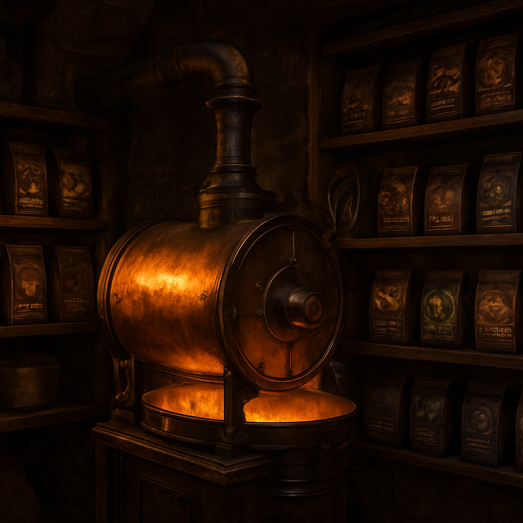 A rustic roasting chamber with copper drums glowing amber, surrounded by shelves of fantasy‑themed coffee bags. Alt: artisan coffee roasting alchemy in a fantasy workshop.
