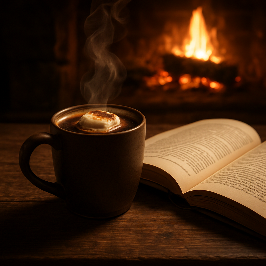 A photorealistic, cinematic scene of a steaming mug of s'mores flavored coffee on a rustic wooden table beside an open fantasy novel, warm firelight flickering in the background, highlighting the rich brown liquid and a hint of toasted marshmallow topping. Alt: s'mores flavored coffee brewing ritual for fantasy readers.