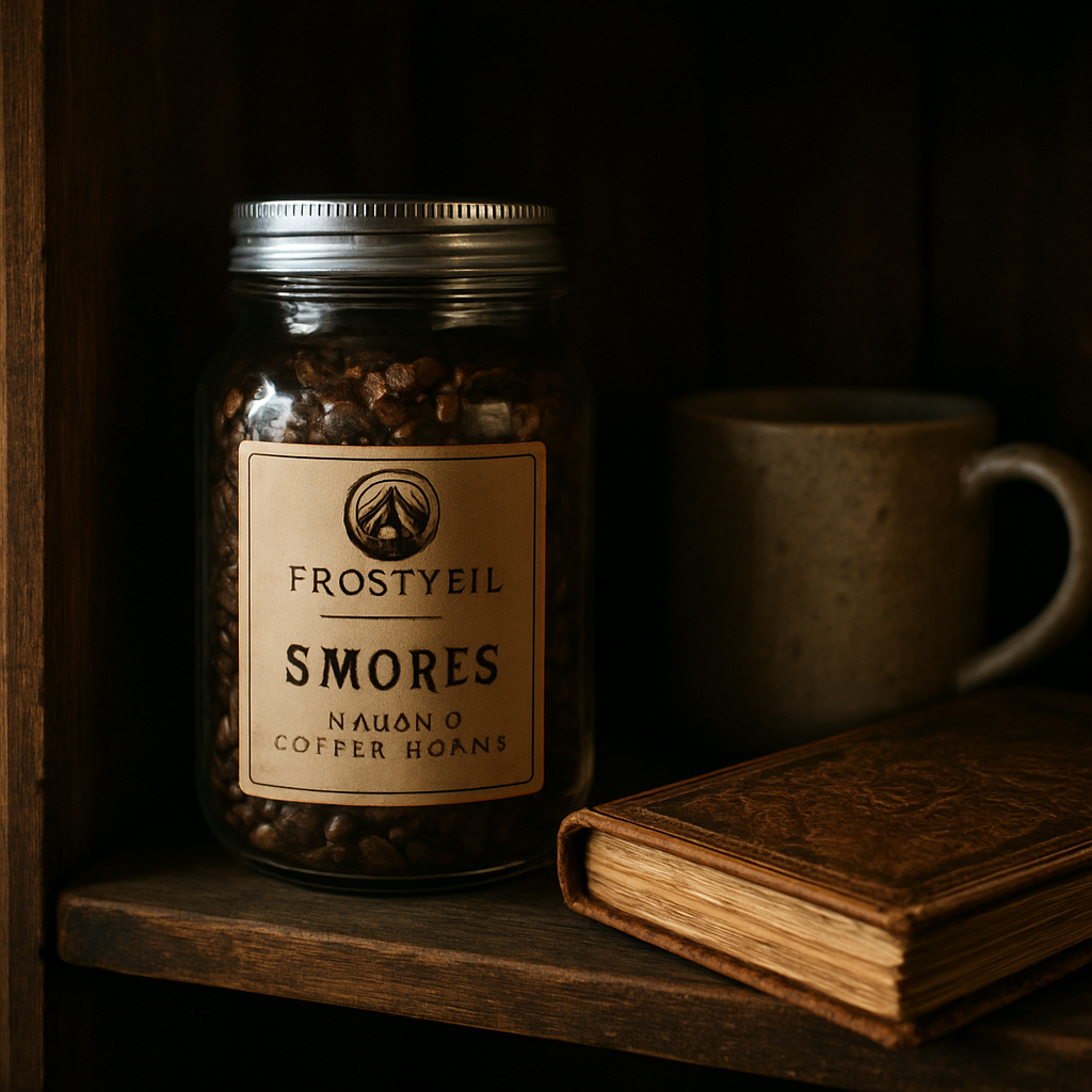 A photorealistic scene of a dark wooden pantry shelf holding a sealed mason jar of s'mores flavored coffee beans, soft morning light filtering in, with a stoneware mug and a fantasy‑styled parchment journal beside it. Alt: s'mores flavored coffee beans stored airtight in a pantry, ready for brewing.