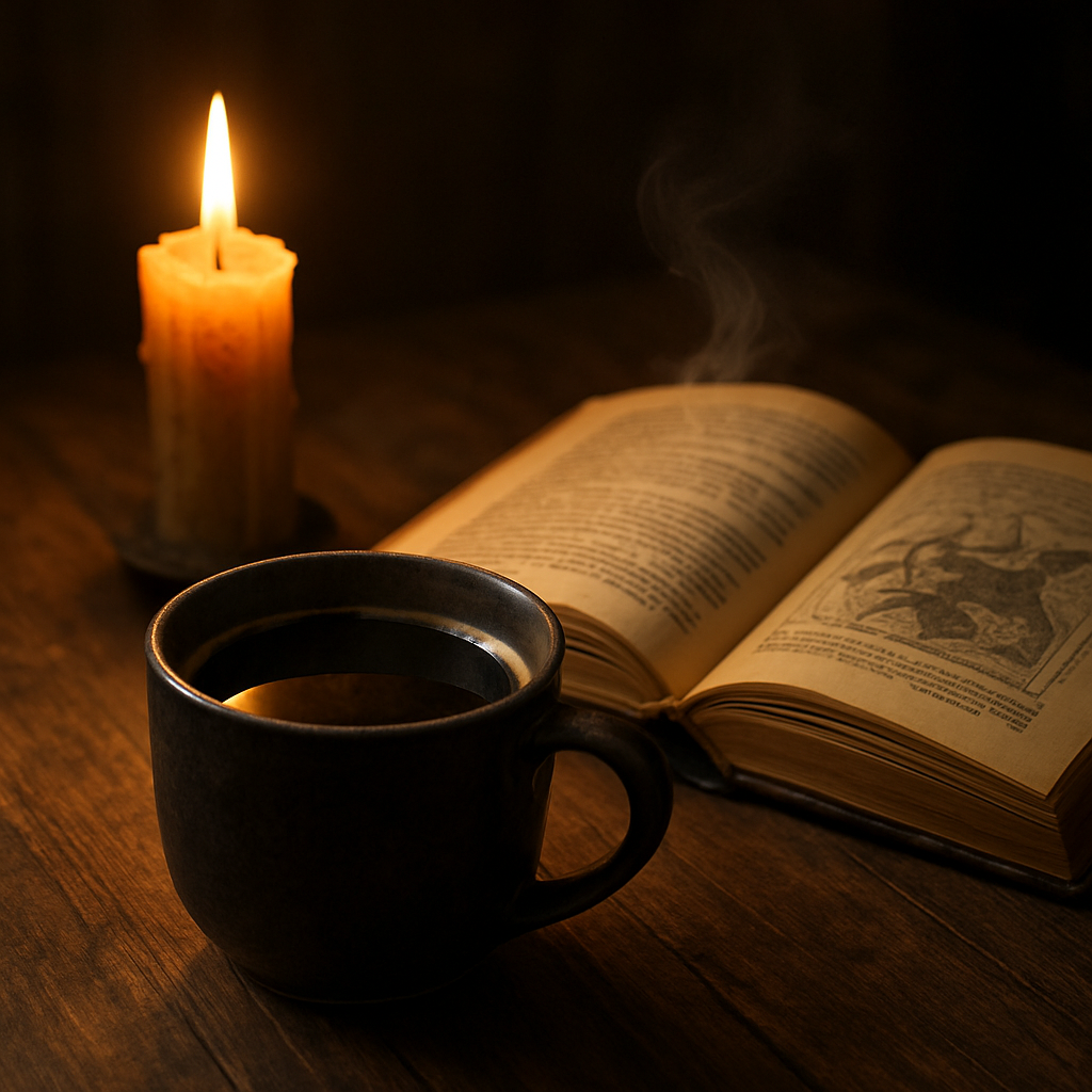 A candlelit wooden table with a steaming mug of dark roast coffee, an open fantasy novel, and soft ambient light. Alt: lore coffee ritual with candle and book