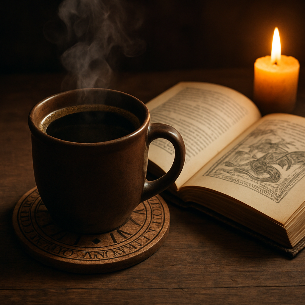 A steaming mug of lore coffee beside an open fantasy novel, with rune‑etched coaster and candlelight. Alt: lore coffee flavor profile and pairing guide.