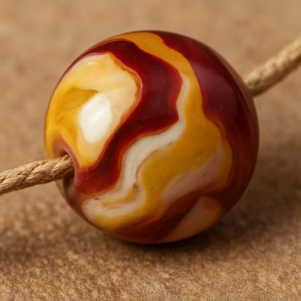 A close‑up of a polished Mookaite Jasper bead showing red, yellow and white swirls, set on a natural fibre cord. Alt: Mookaite Jasper bead for jewellery making