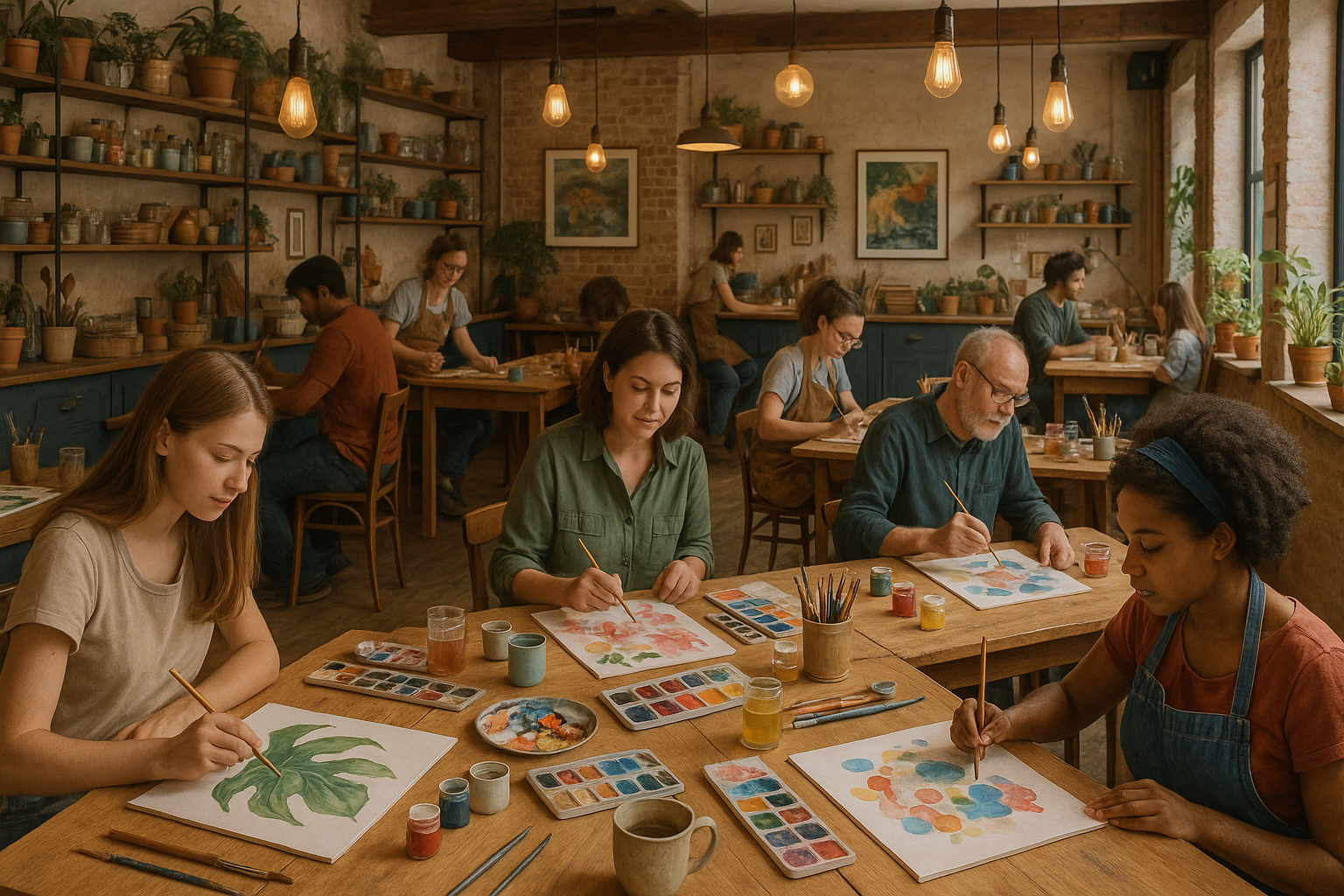 An art and craft cafe bustling with activity, with individuals painting and creating art. Alt: Art and craft cafe with patrons engaged in creative activities.