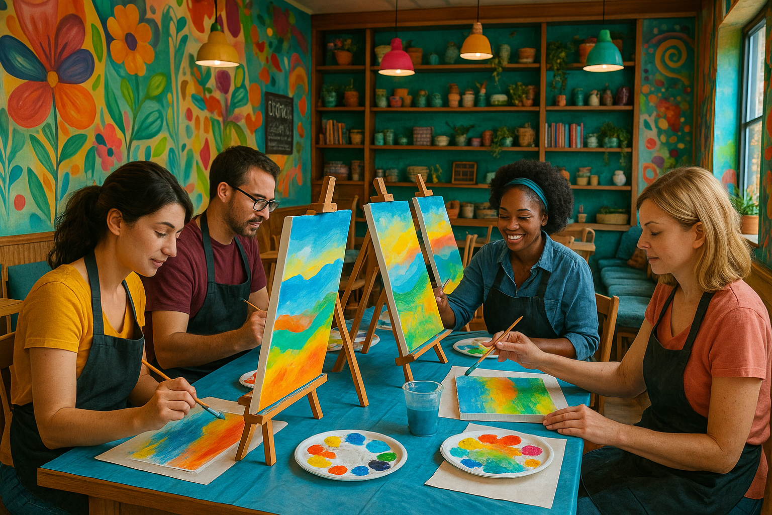 A colorful canvas painting class in a vibrant art and craft cafe. Alt: People engaging in a canvas painting class at an art cafe.